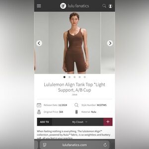 NWT Lululemon Align Tank Top *Light Support, A/B Cup
Java